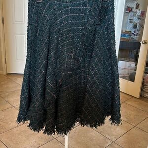 Eva Franco Anthropologie Womens 8 Green Tweed Flare Skirt Frayed Hem Lined NWOT